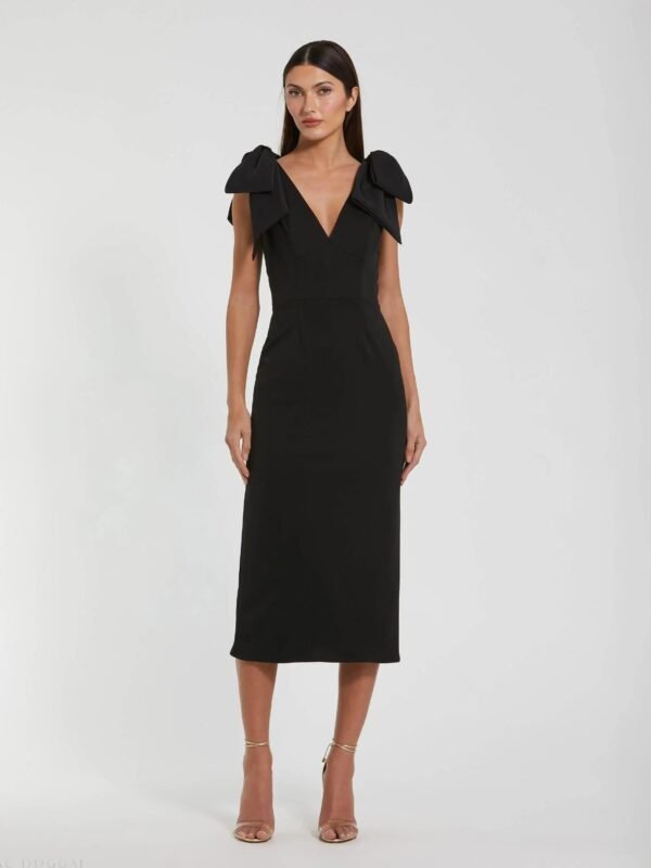 Black Sleeveless Crepe Midi Dress With Bow Straps