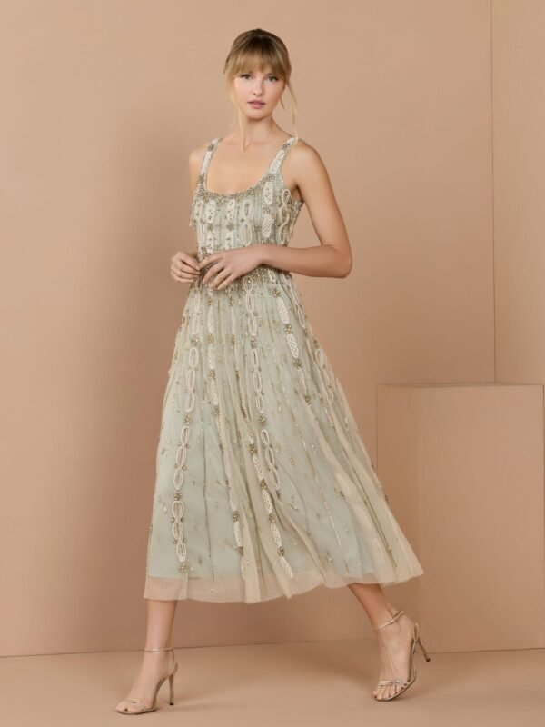 Nude Sage Sleeveless Scoop Neck Embellished Midi Dress