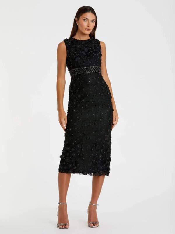Black Floral Applique Sleeveless Midi Dress