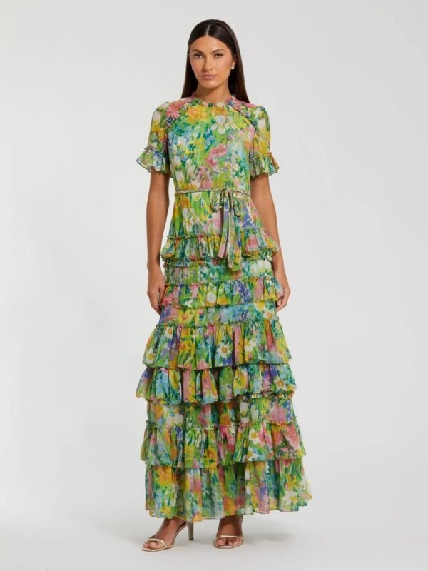 Green Ruffle Tiered Chiffon Floral Dress