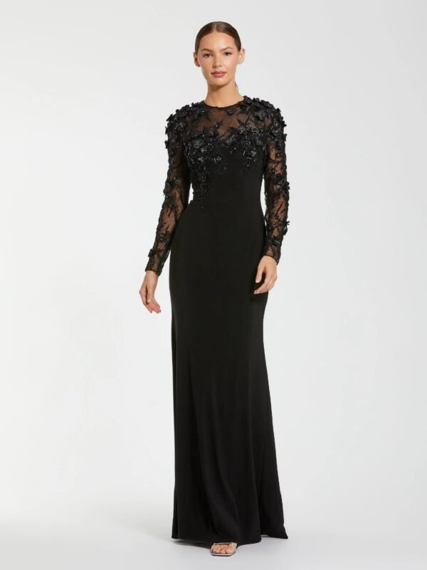Black Long Sleeve Floral Embellished Column Gown