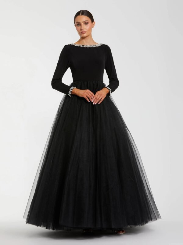 Black Long Sleeve Tulle Ball Gown