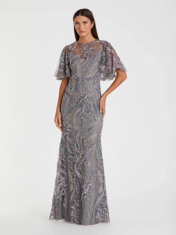 Charcoal High Neck Flutter Sleeve Embroidered Gown