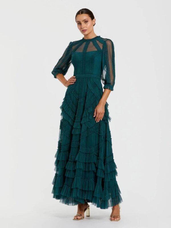 Teal High Neck Tiered Ruffle Maxi Dress