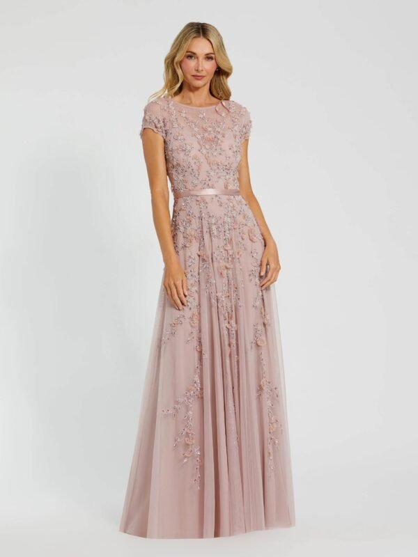 Pink Floral Embellished Cap Sleeve Gown