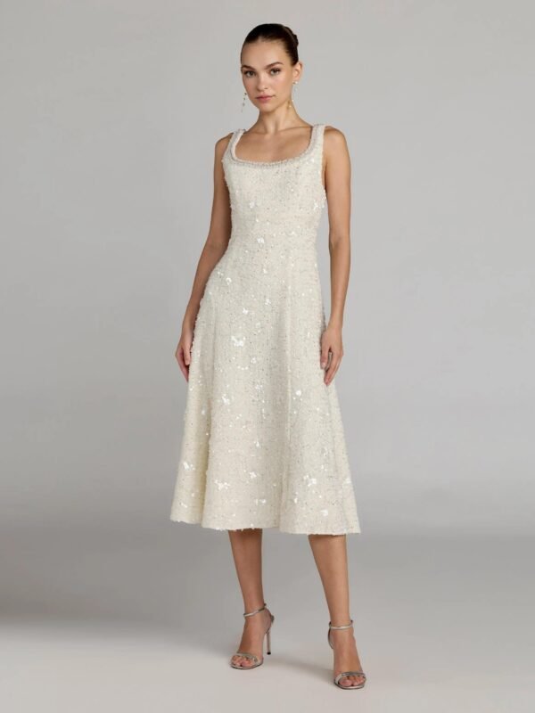 Ivory Embellished Boucle Sleeveless A-Line Midi Dress