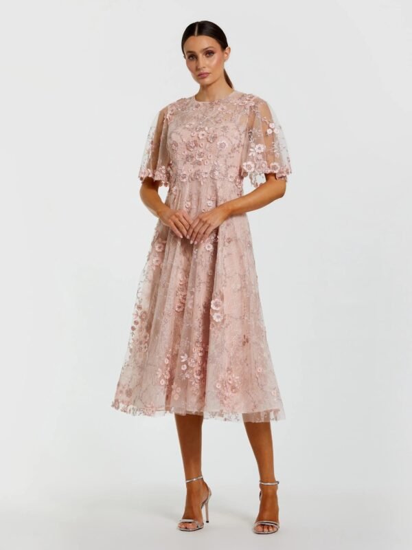 Pink Flutter Sleeve Embroidered Midi Dress