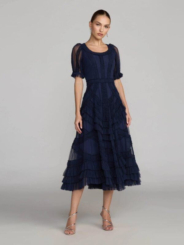 Navy Short Sleeve Micro Ruffle Midi Dress