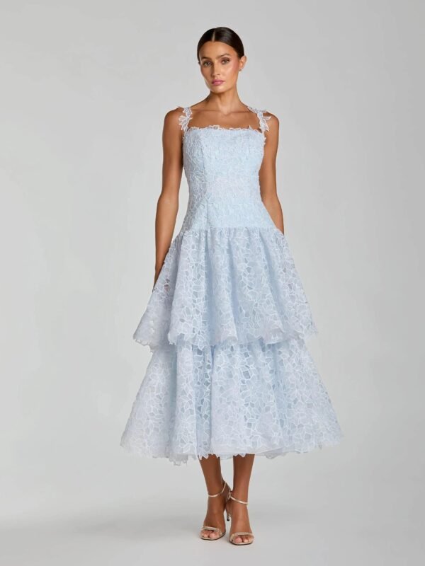 Petite Powder Blue Sleeveless Embroidered Lace Tiered Midi Dress