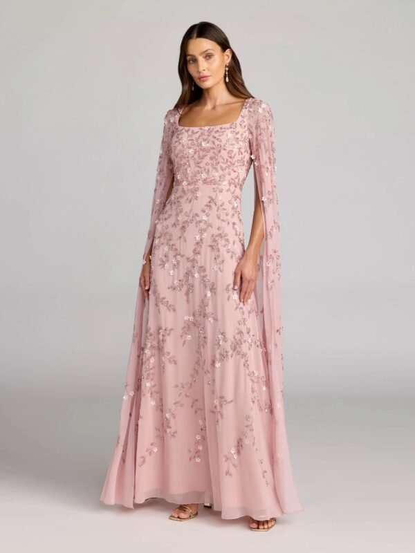 Petite Pink Floral Embellished Cape Sleeve Gown