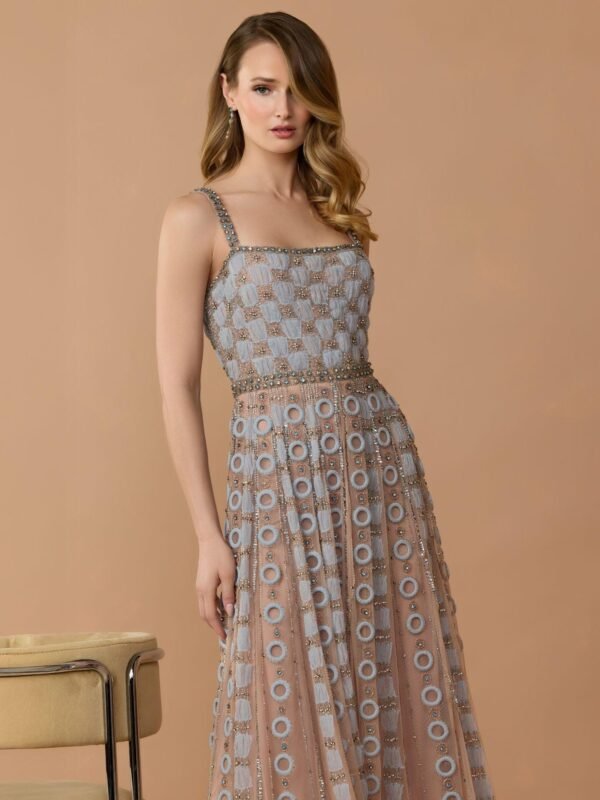 Petite Powder Blue Sleeveless Embellished A-line Gown