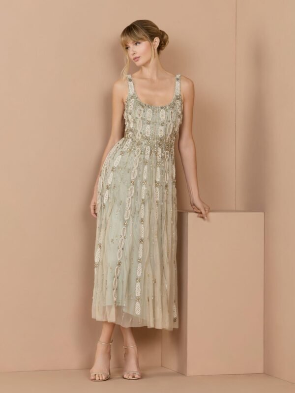 Petite Nude Sage Sleeveless Scoop Neck Embellished Midi Dress