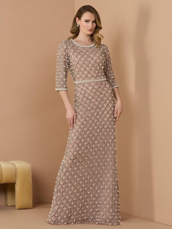 Petite Light Rose Pearl Embellished 3/4 Sleeve Gown