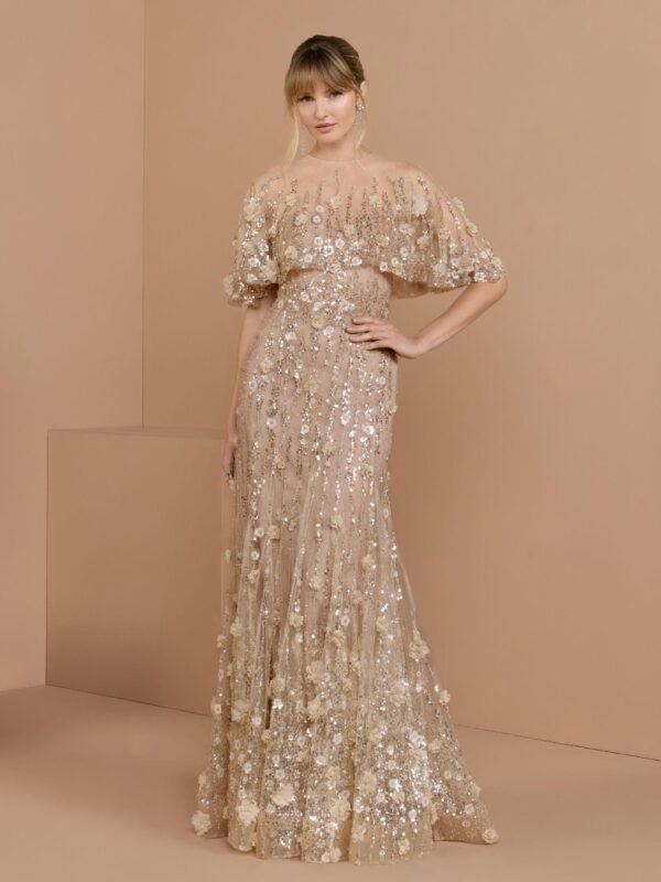 Almond Embellished Cape Sleeve Gown
