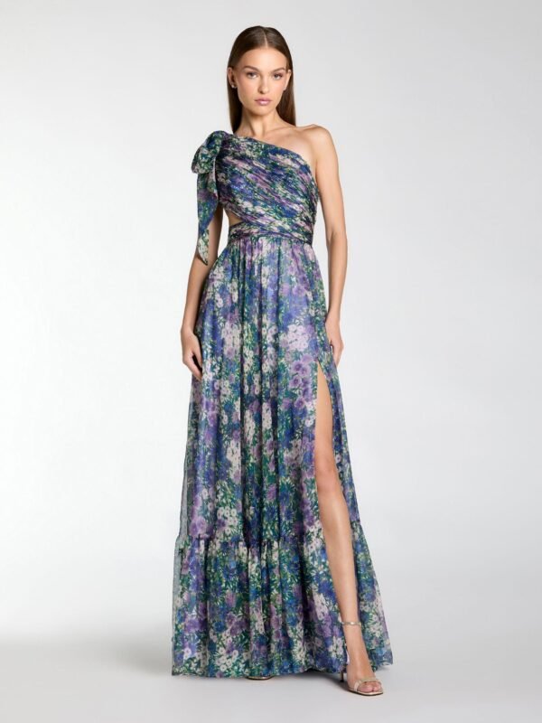 Purple One Shoulder Floral Printed Chiffon Side Cut Out Gown