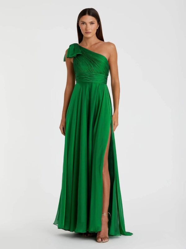 Petite Emerald Sleeveless One Shoulder Pleated Gown