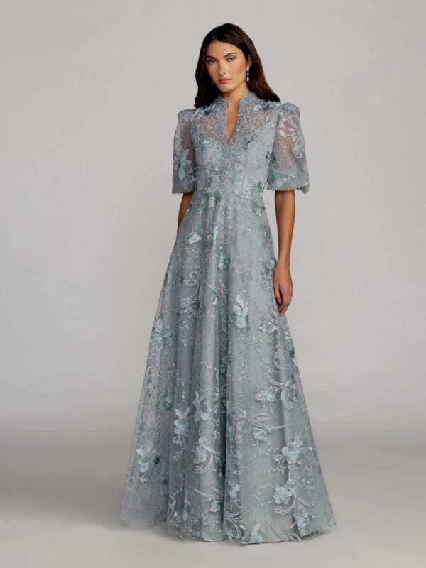 Blue Queen Anne Puff Sleeve Embroidered A-Line Gown