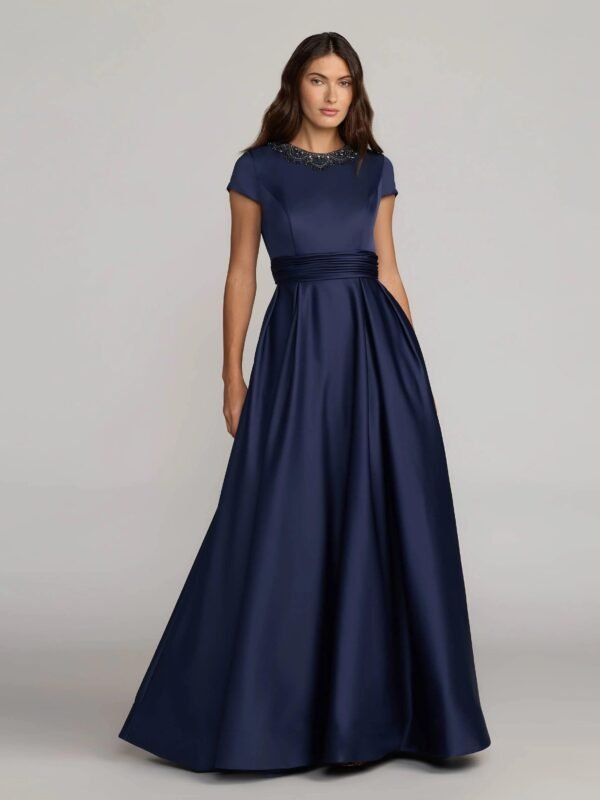 Navy Embellished Satin Cap Sleeve Ball Gown