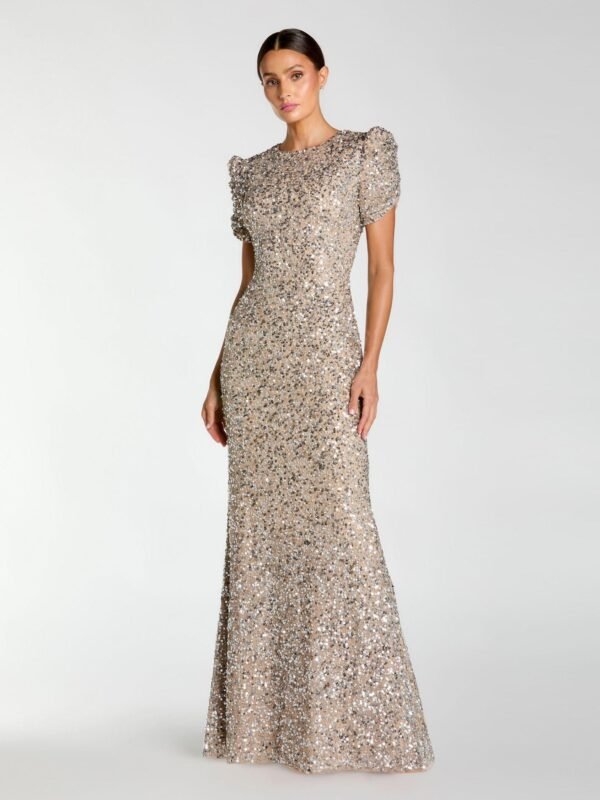 Petite Beige Sequin Trumpet Gown with Puff Sleeves