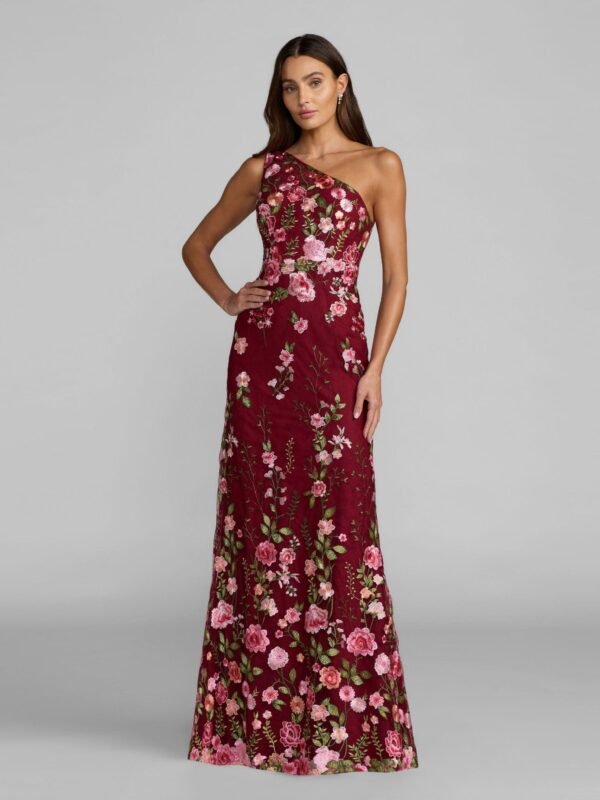 Red One Shoulder Floral Embroidered Gown