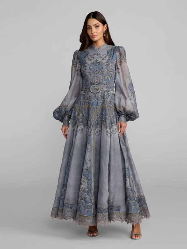 Slate Blue Bishop Sleeve Printed Cotton A-Line Dress
