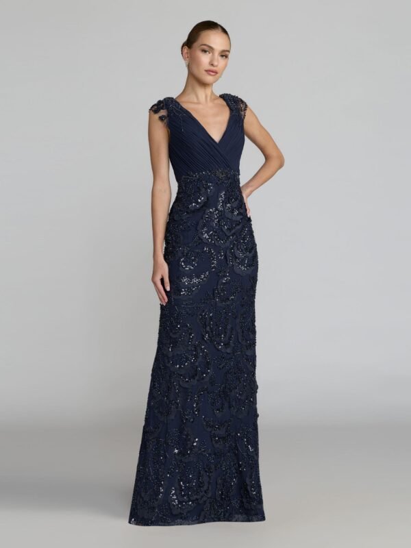 Petite Navy Floral Beaded Chiffon V-Neck Evening Gown