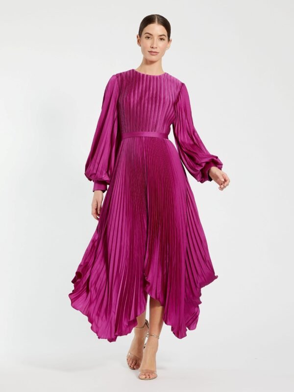 Petite Long Sleeve Pleated Charmeuse Handkerchief Midi Dress