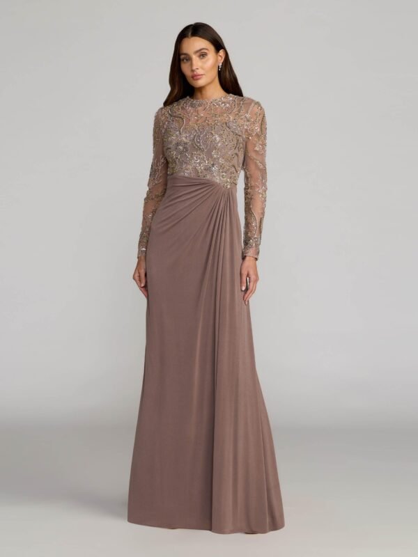 Golden Brown Embroidered Illusion Long Sleeve Draped Gown