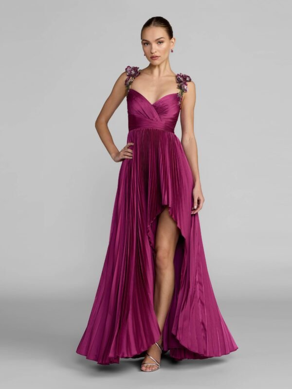 Magenta Pleated High Low Gown With 3D Floral Straps