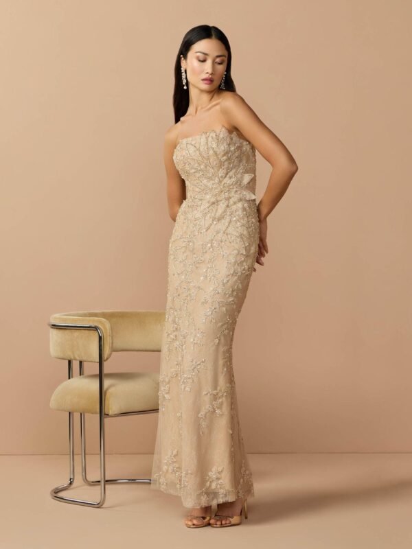 Petite Gold Strapless Embellished Lace Gown with 3D Flower