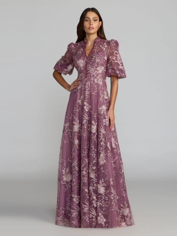 Purple Queen Anne Puff Sleeve Embroidered A-Line Gown