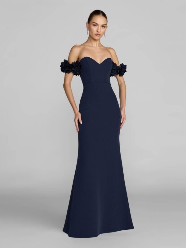Petite Midnight Crepe Off The Shoulder Gown With 3D Flowers
