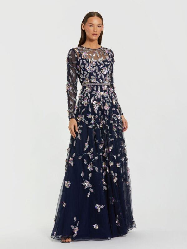 Petite Midnight Multi Floral Embellished Evening Gown