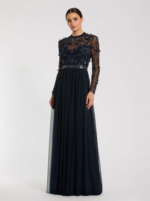 Navy Embellished Illusion High Neck Long Sleeve Gown