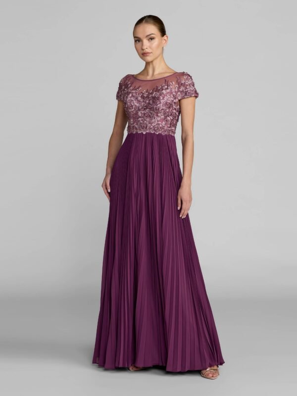 Petite Plum Embroidered Cap Sleeve Pleated Gown