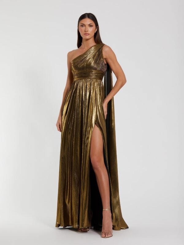 Gold Metallic One Shoulder Gown With Slit