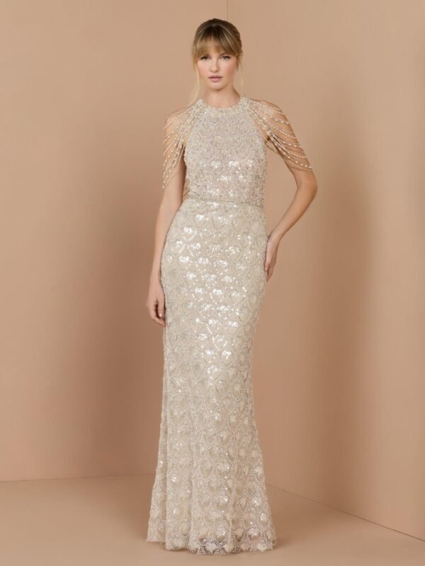 Ivory Draped Pearl Embellished Column Gown
