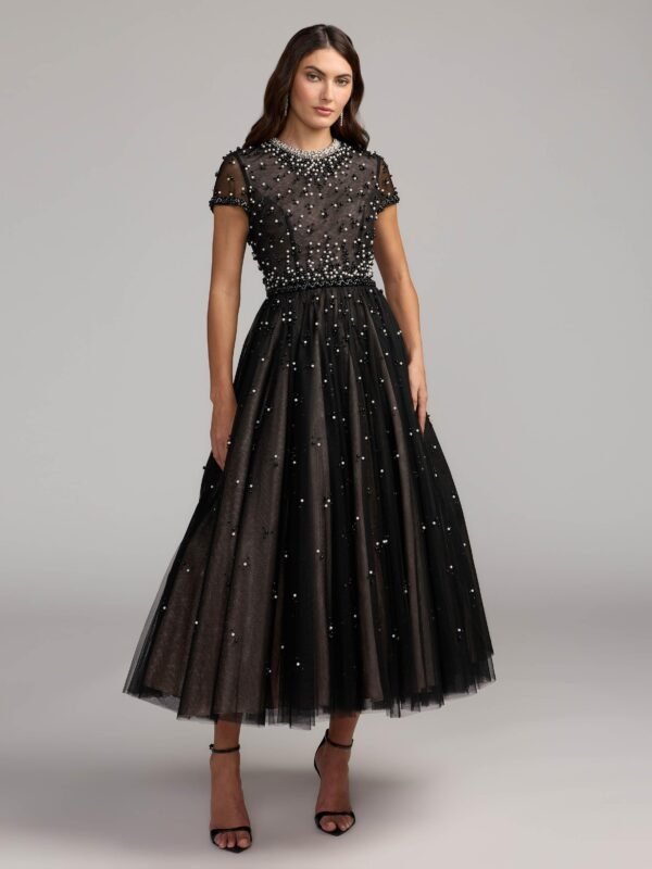Black Embellished Pearl Tulle Midi Dress