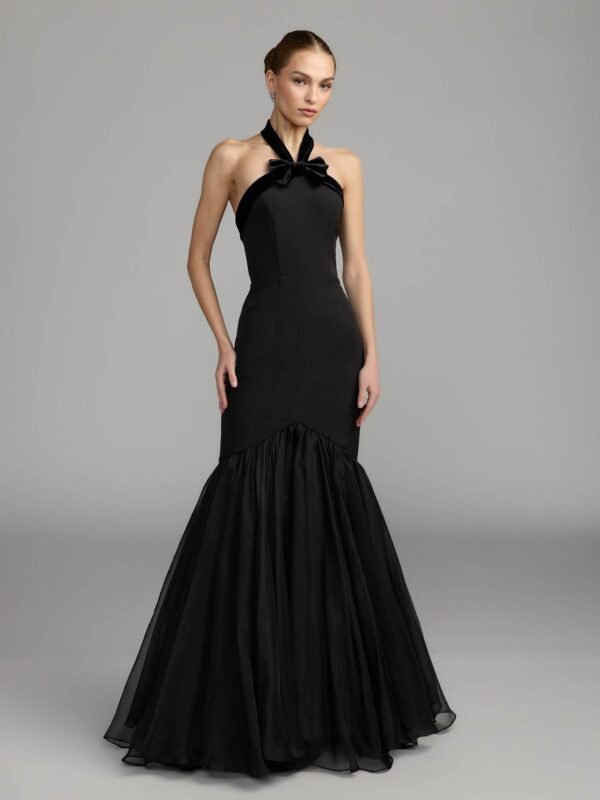 Black Sleeveless Halter Neck Mermaid Gown With Bow