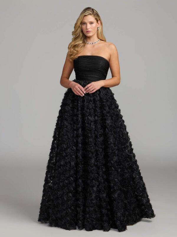 Black Strapless 3D Rosette Ball Gown
