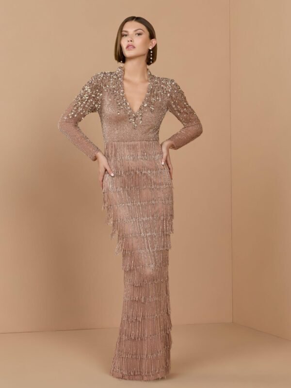 Mocha Long Sleeve Hand Beaded Fringe Column Gown