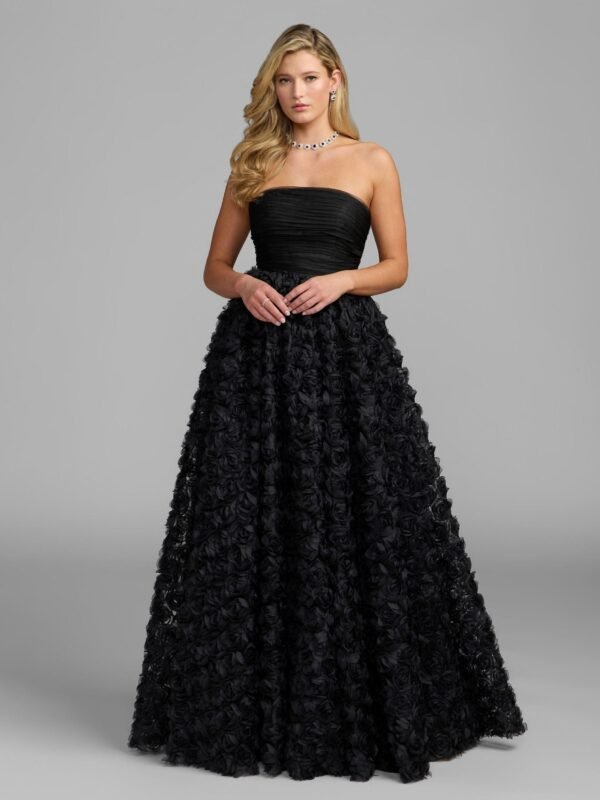 Petite Black Strapless 3D Rosette Ball Gown