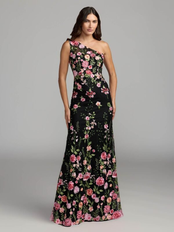 Black One Shoulder Floral Embroidered Gown