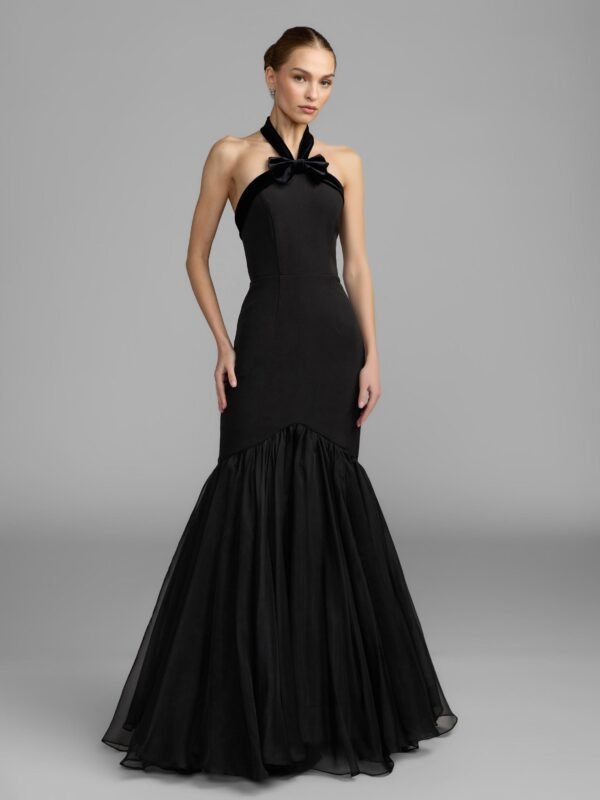 Petite Black Sleeveless Halter Neck Mermaid Gown With Bow