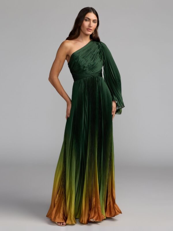 Petite Green Pleated Charmeuse One Shoulder Ombre Gown