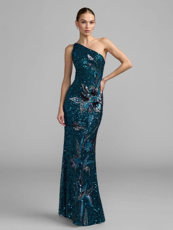 Teal Floral Sequin One Shoulder Gown
