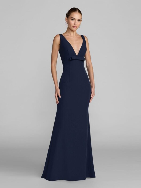 Navy Sleeveless V Neck Mermaid Gown With Bow