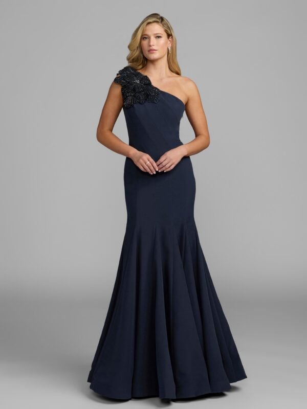 Petite Navy Crepe One Shoulder Gown With Crystal Flower
