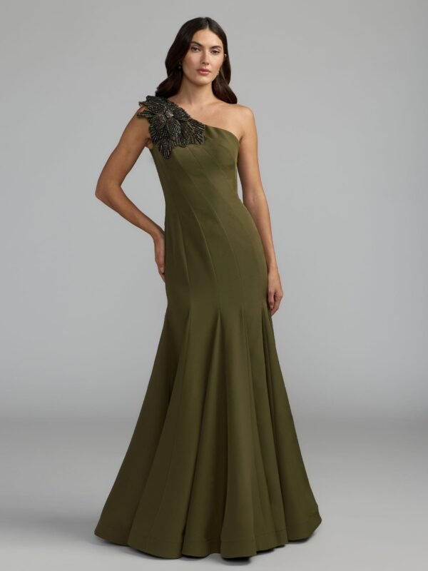 Green Crepe One Shoulder Gown With Crystal Flower