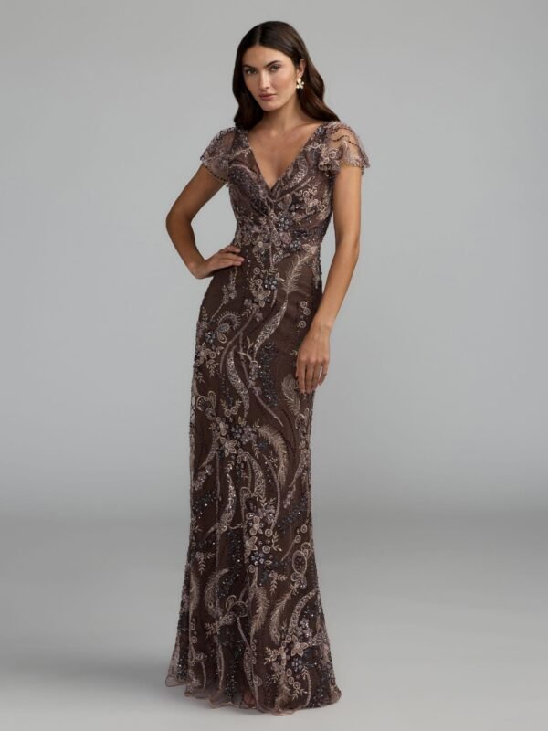 Petite Brown V-Neck Flutter Sleeve Floral Embroidered Gown